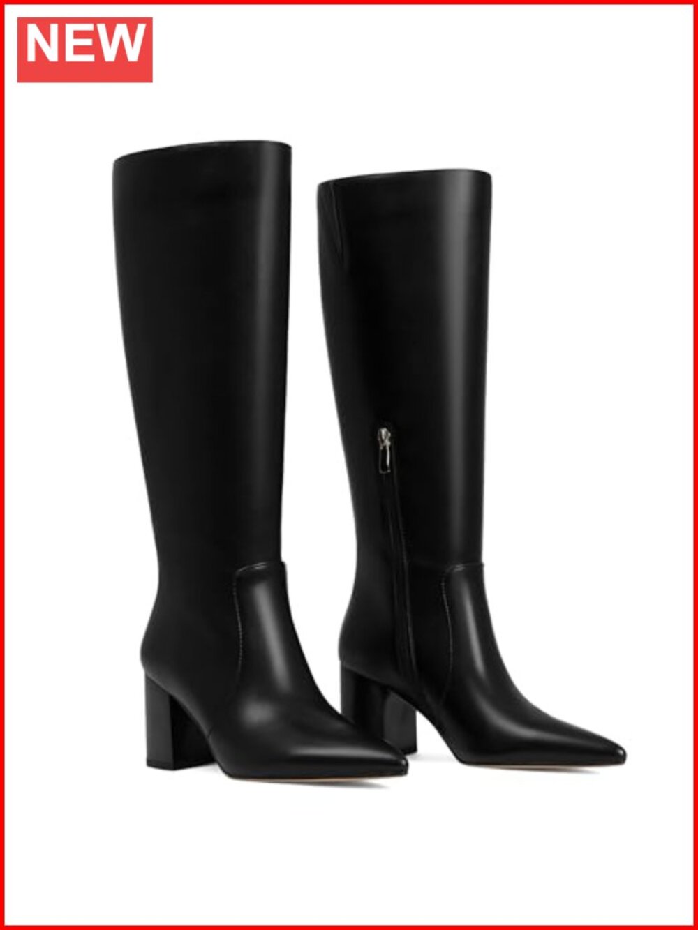 Women's Knee High Block Heel Boots Faux Leather Pointed Toe Side Zip